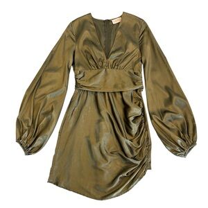 Satin Dress Club London ruched asymmetric mini 6 empire seam balloon sleeves new